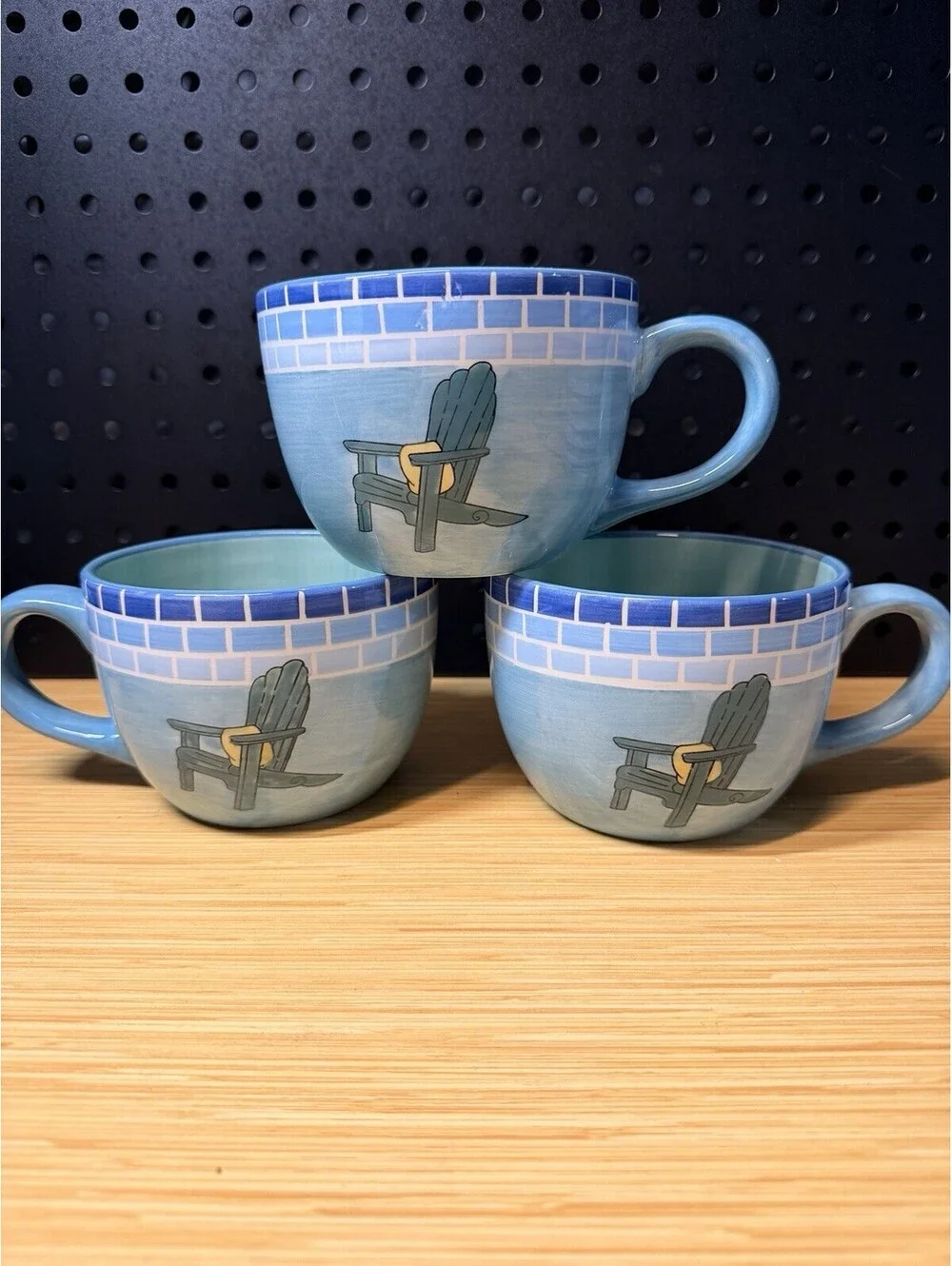 K.I.C. Brushes Hand Painted Coffee Mugs (3) Brown White Teal Stonemite